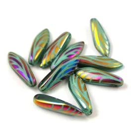   Dagger - Czech Glass Bead - Turquoise Green Sliperit Laser Cut - 5x16mm