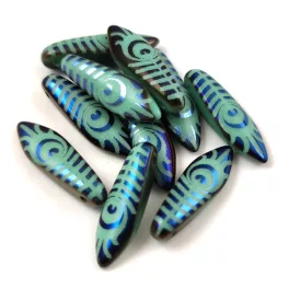   Dagger - Czech Glass Bead - Turquoise Green Blue Iris Laser Cut - 5x16mm