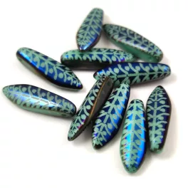   Dagger - Czech Glass Bead - Turquoise Green Blue Iris Laser Cut - 5x16mm