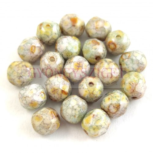 Czech Firepolished Round Glass Bead - Chalk White Green Marble - 6mm