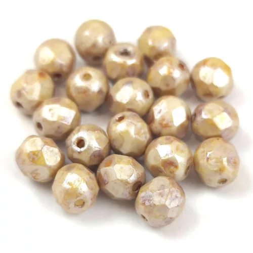 Cseh csiszolt golyó gyöngy - Chalk White Brown Cream Luster - 6mm
