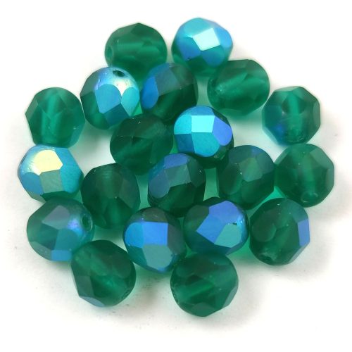 Czech Firepolished Round Glass Bead - matt emerald ab - 6mm