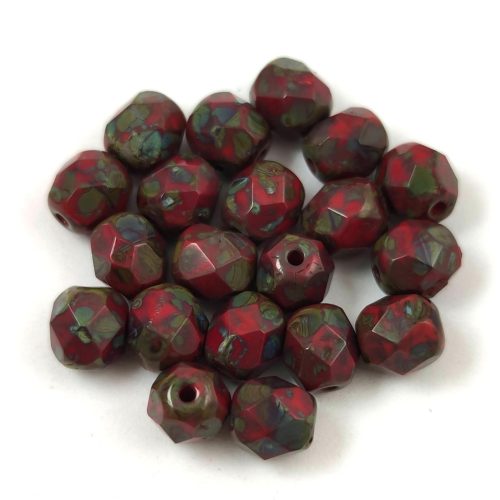 Czech Firepolished Round Glass Bead - picasso opaque dark red - 6mm