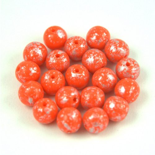 Czech Pressed Glass Round Beads - Opaque Coral Silver Patina - 6mm