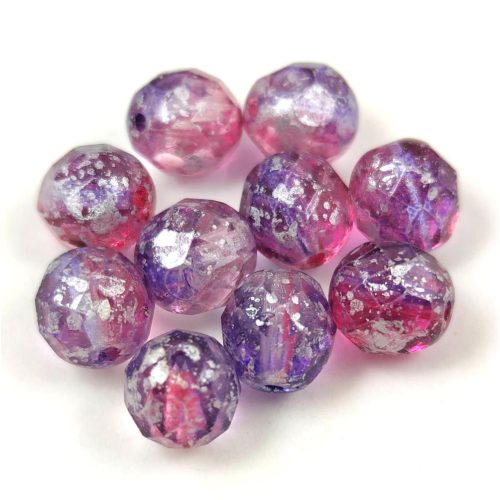 Czech Firepolished Round Glass Bead - Crystal Cherry Purple Blend Silver Splash - 8mm