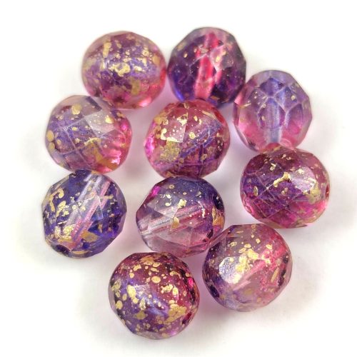 Czech Firepolished Round Glass Bead - Crystal Cherry Purple Blend Gold Splash - 8mm