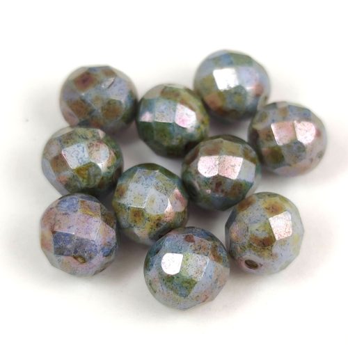 Czech Firepolished Round Glass Bead - Chalk Green Brown Luster - 8mm