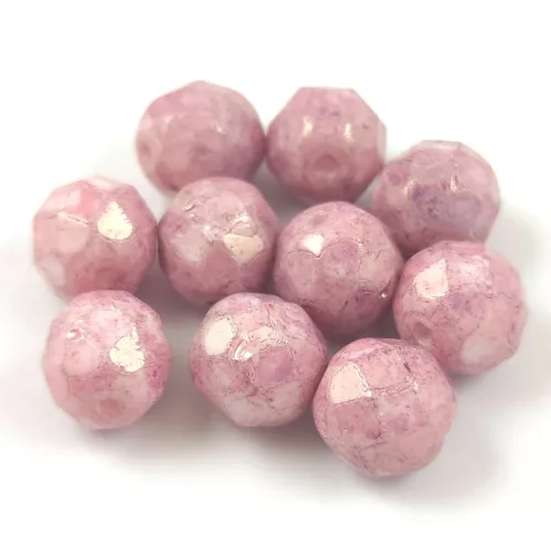 Czech Pressed Round Glass Bead - Faceted - Alabaster Rose Luster - 8mm