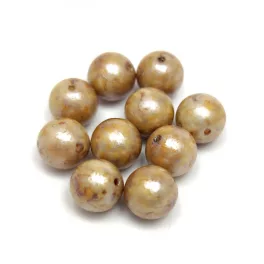   Czech Pressed Round Glass Bead - Alabaster Brown Cream Luster - 8mm