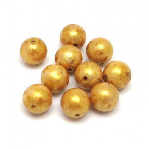 Czech Pressed Round Glass Bead - Alabaster Gold Luster - 8mm