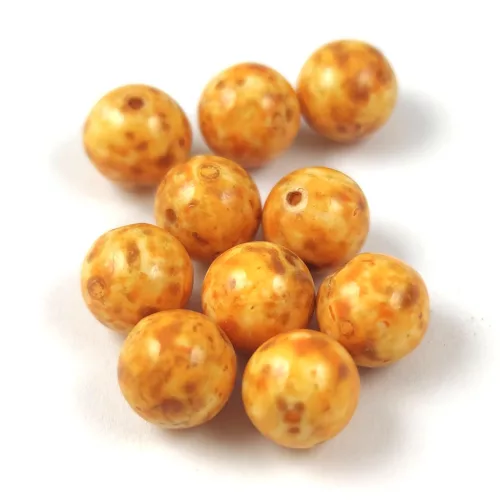 Czech Pressed Round Glass Bead - Alabaster Travertine Terracotta Spotted - 8mm