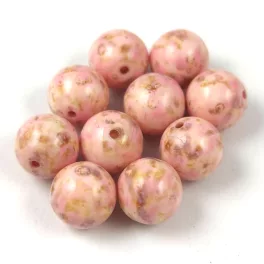   Czech Pressed Round Glass Bead - Alabaster Travertine Light Salmon Spotted - 8mm