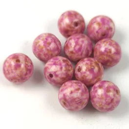   Czech Pressed Round Glass Bead - Alabaster Travertine Pink Spotted - 8mm