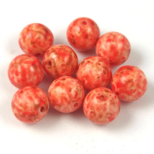 Czech Pressed Round Glass Bead - Alabaster Travertine Orange Spotted - 8mm