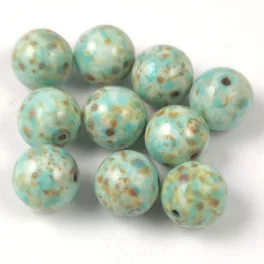   Czech Pressed Round Glass Bead - Alabaster Travertine Turquoise Blue Spotted - 8mm