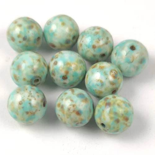 Czech Pressed Round Glass Bead - Alabaster Travertine Turquoise Blue Spotted - 8mm