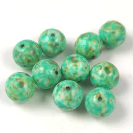   Czech Pressed Round Glass Bead - Alabaster Travertine Turquoise Spotted - 8mm