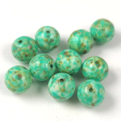 Czech Pressed Round Glass Bead - Alabaster Travertine Turquoise Spotted - 8mm