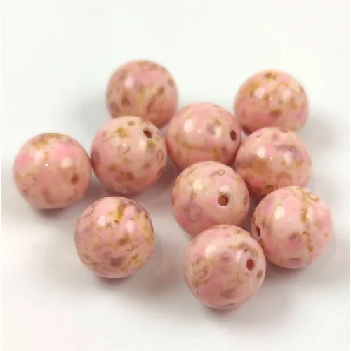 Czech Pressed Round Glass Bead - Alabaster Light  Pink Travertine Spotted - 8mm