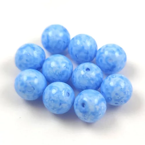 Czech Pressed Round Glass Bead - Alabaster Light Sapphire Spotted - 8mm