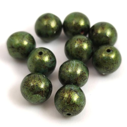 Czech Pressed Round Glass Bead - Jet Green Luster - 8mm