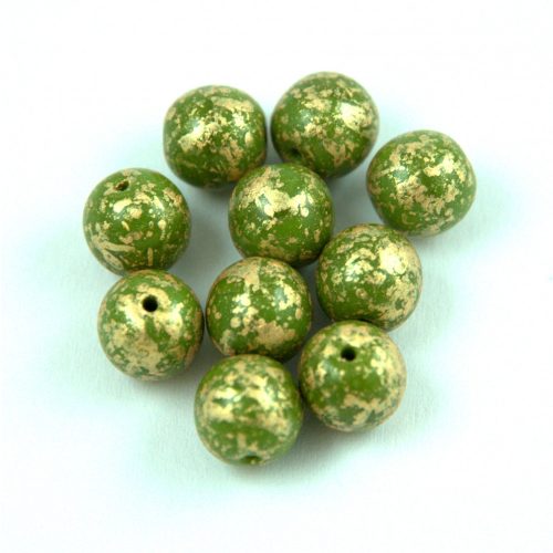 Czech Pressed Round Glass Bead - Green Gold Patina - 8mm