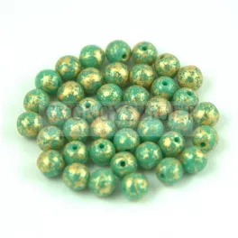   Czech Pressed Round Glass Bead - Opaque Turquoise Green Gold Patina - 8mm