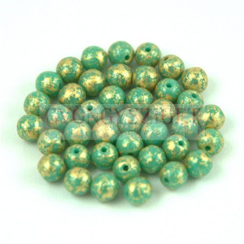 Czech Pressed Round Glass Bead - Opaque Turquoise Green Gold Patina - 8mm