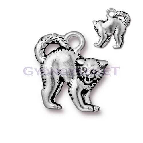 Medál - fújó macska - antik ezüst színű - 18x16mm