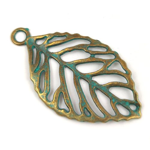 Pendant - Leaf - Antique Brass Colour with Green Tarnish Paint - 49x27mm