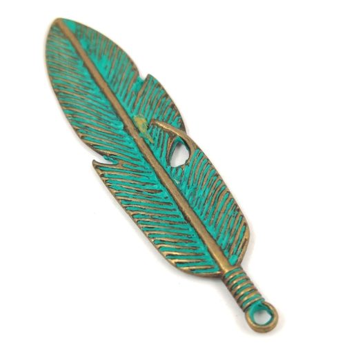 Pendant - Feather - Green Tarnish Bronz Colour - 60x15mm