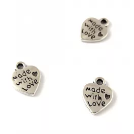 Medál - szív - Made with Love - platina színű - 12x10mm