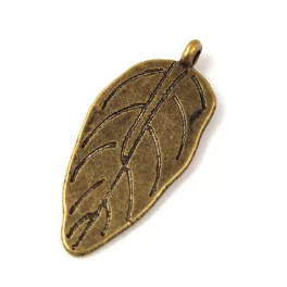   Medál - falevél - antik világos sárgaréz színű - 14x30mm