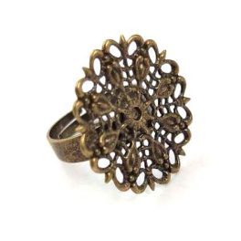   Gyűrűalap - áttört virágmintás - antik sárgaréz színű - állítható - 30mm
