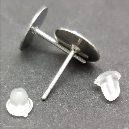 Earring Part - Post - Platinum Colour - 8mm gluable plate - silicone ending