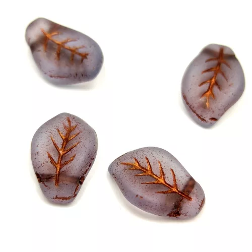Cseh préselt levél gyöngy - tetején fúrt - Matt Transparent Purple Bronz - 9x14mm (20db)