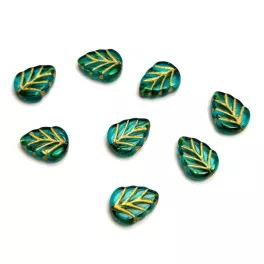   Cseh préselt levél gyöngy - hosszában fúrt - Emerald Gold - 10x8mm (20db)