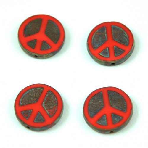 Czech Table Cut Bead - Cross-Drilled - Peace - Red Picasso - 16mm