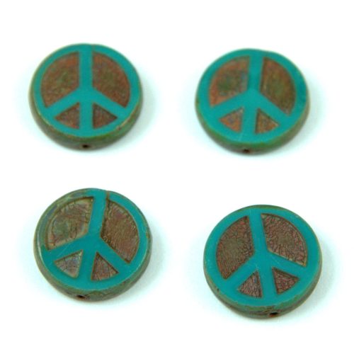 Czech Table Cut Bead - Cross-Drilled - Peace - Turquoise Green Picasso - 16mm