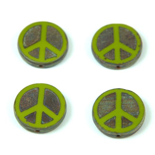 Czech Table Cut Bead - Cross-Drilled - Peace - Green Picasso - 16mm