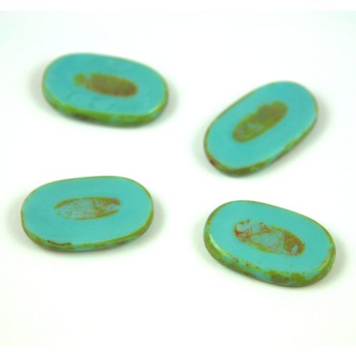 Czech table cut bead - crossed drilled oval  - 63130-86800 - Turquoise Green Picasso - 26x15mm