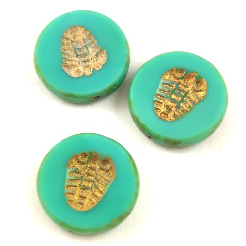 Czech Table Cut Bead - Cross-Drilled - Trilobite - Turquoise Green Picasso Gold - 17mm