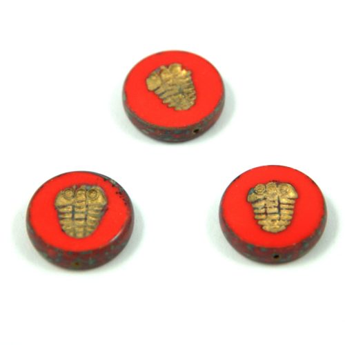 Czech Table Cut Bead - Cross-Drilled - Trilobite - Red Travertine Gold - 17mm