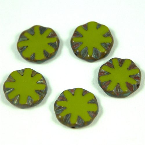Czech Table Cut Bead - Cross-Drilled - Flower - Green Picasso - 53420-86800 - 14mm