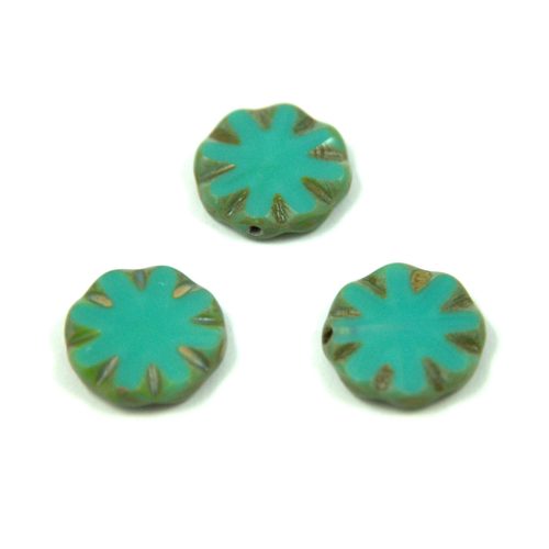 Czech Table Cut Bead - Cross-Drilled - Flower - Turquoise Picasso - 63130-86800 - 14mm