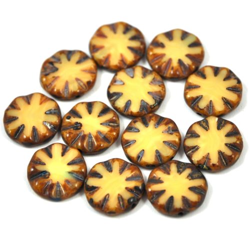 Czech Table Cut Bead - Cross-Drilled - Flower - Ivory Picasso - 13020-86805 - 14mm