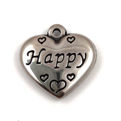 Medál - Happy Heart - platina színű - orvosi fém - 16mm