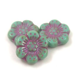   Czech Pressed Flower Bead - Cross-Drilled - Turquoise Green Travertine Violet - 14mm