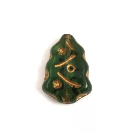   Special Shapes - Czech Glass Bead - Pine - Emerald Green Gold - 17x12mm
