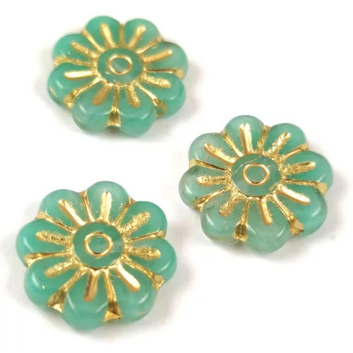 Cseh préselt virág gyöngy - Opal Turquoise Green Gold - 18mm